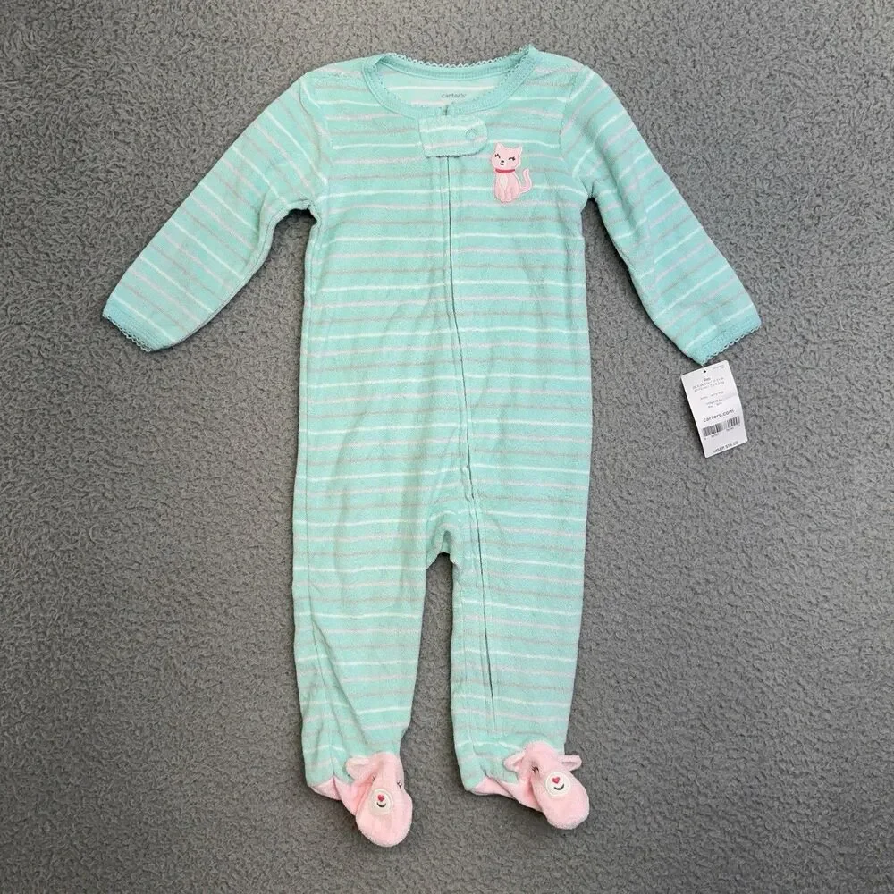Carters Bundle Baby Girl 9 Months Cat Graphic Outfit Sweater Hats Footed Pajama